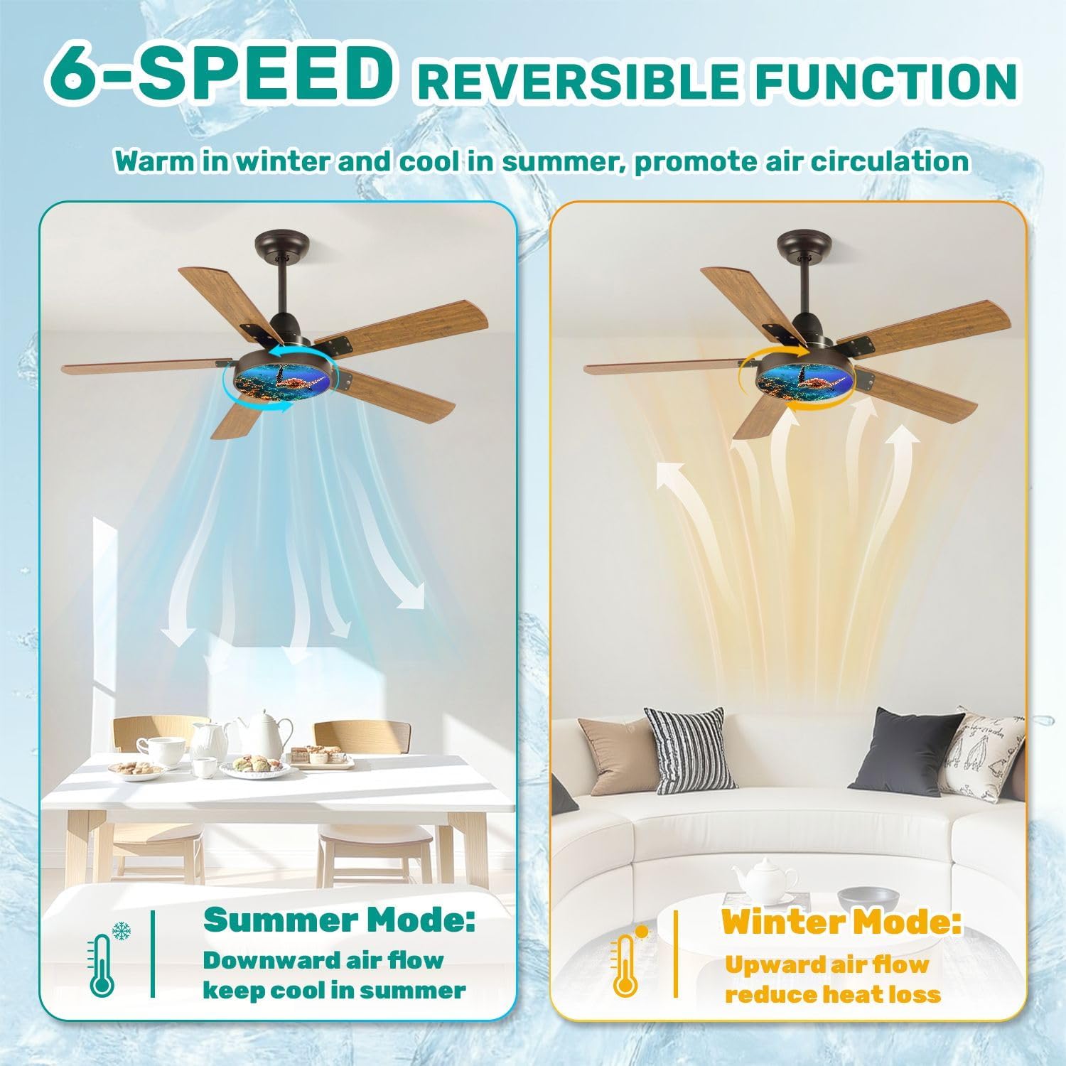 Modern Ceiling Fans with Lights Remote, Sea turtle swims under water coral reefs 42 Inch Ceiling Fan for Bedroom Living Room Farmhouse, 6 Speed Reversible Quiet Motor