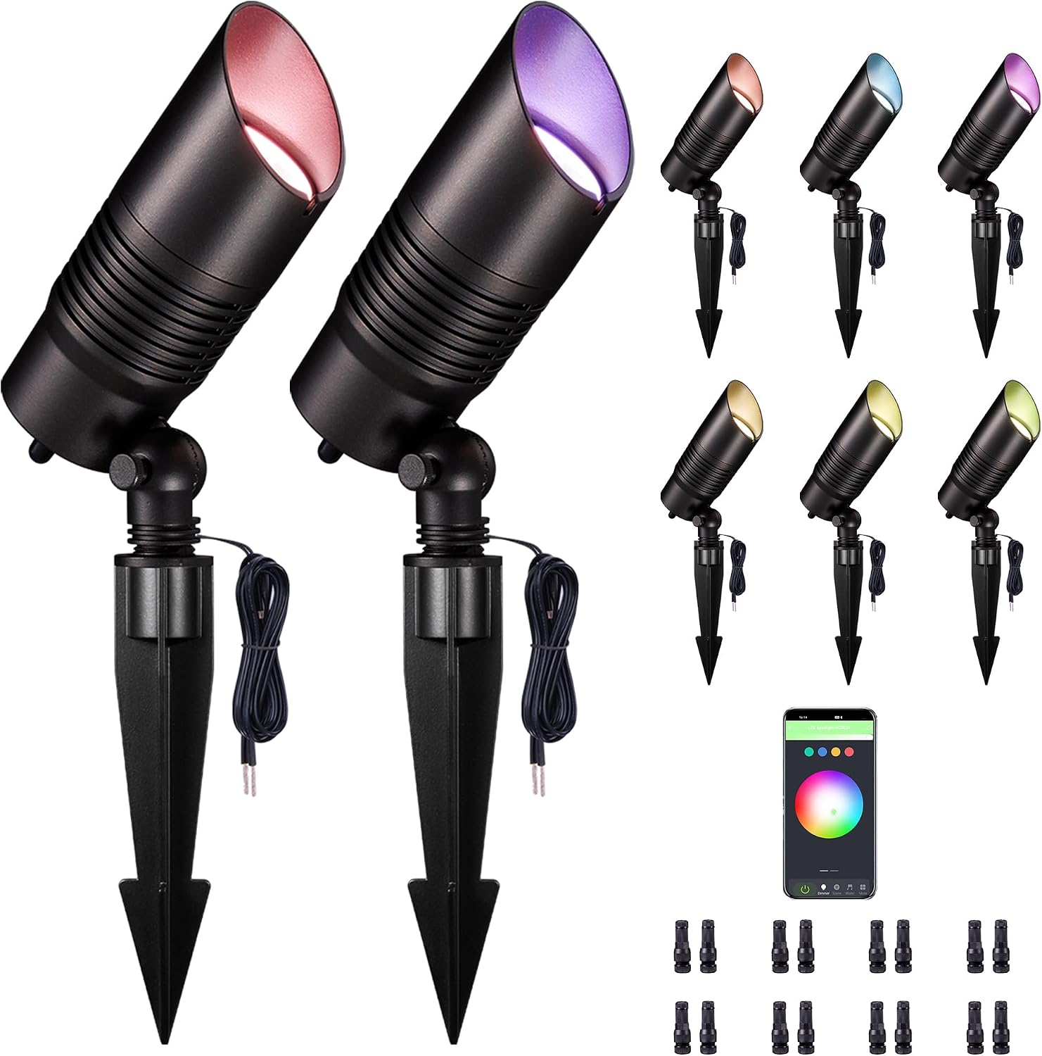 Smart Outdoor Landscape Spotlights Color Change - 12V Multicolored LED Spot Lights Hard-Wired Waterproof, Low Voltage Uplighting Using App, Aluminum Black for Backyard Fence 8 Pack