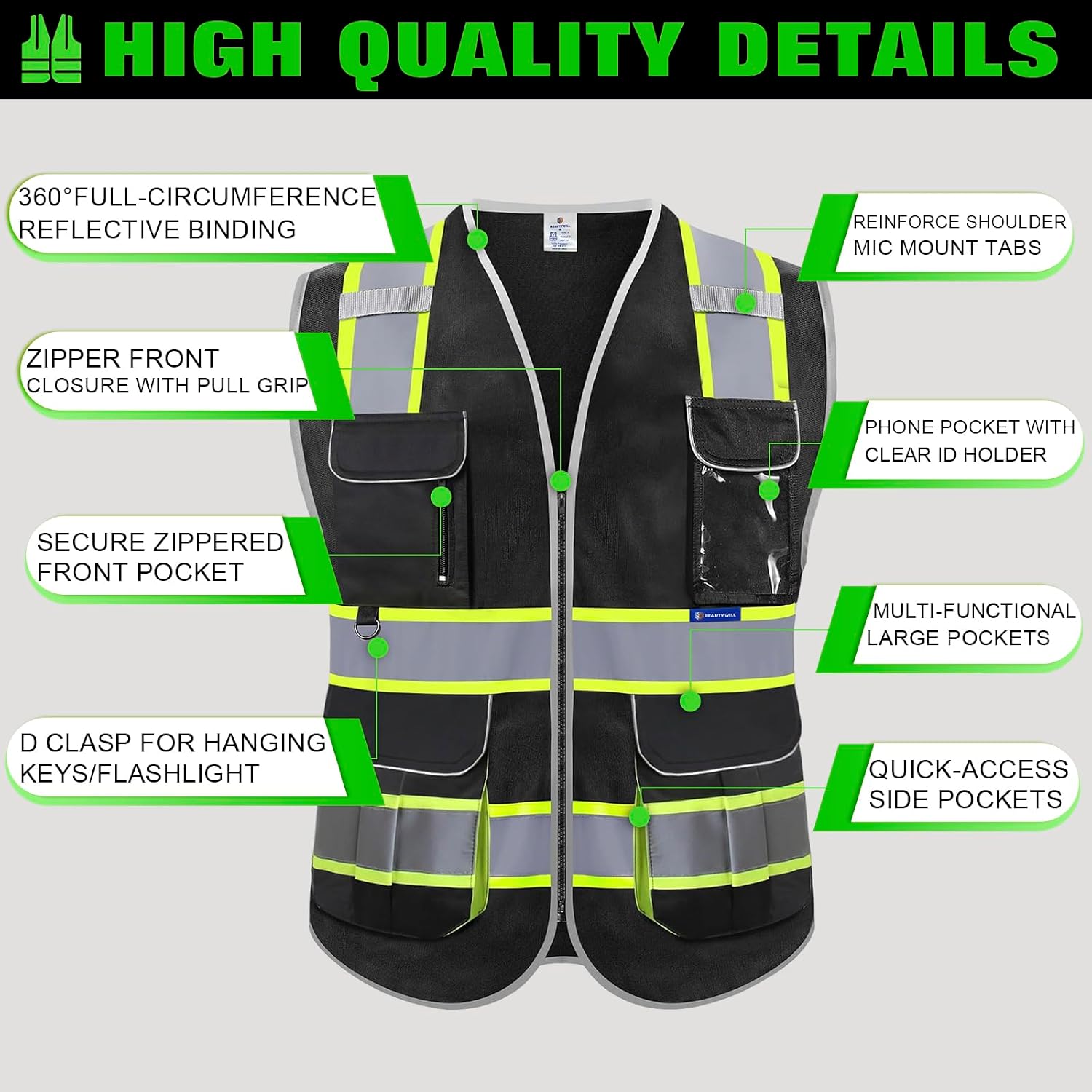 BeautyWill ANSI Certified Custom Logo Safety Vest 8-Pockets Class2 High Visibility Reflective Vest for Men - Personalized Logo Heavy-Duty Work Vest（Black，5Pack，L）