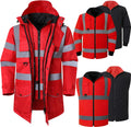 ANSI Class 3 High Visibility 7 in 1 Safety Winter Jacket For Men Safety Coat Traffic Reflective Parka Jacket