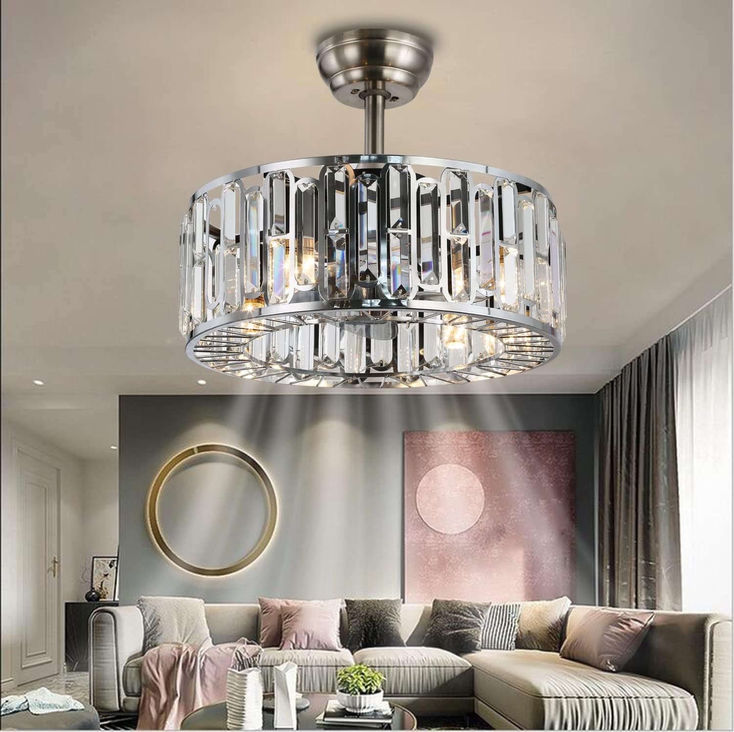 Fandian 18' Industrial Caged Ceiling Fan with Light,Bladeless Fan with 3 Speeds, Farmhouse Crystal Fandelier with Remote Control, Chrome Silver Chandelier Fan for Dining Bedroom