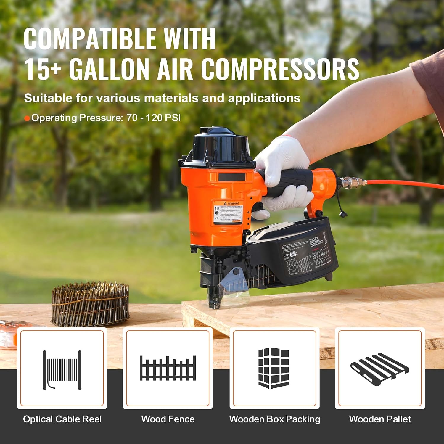 Happybuy Coil Siding Nailer MCN55, 1 inch to 2-1/4 inch 15 Degree Pneumatic Siding Nail Gun, 70-120PSI Air Coil Nailer for Siding, Pallet Sheathing, Fencing, Decking