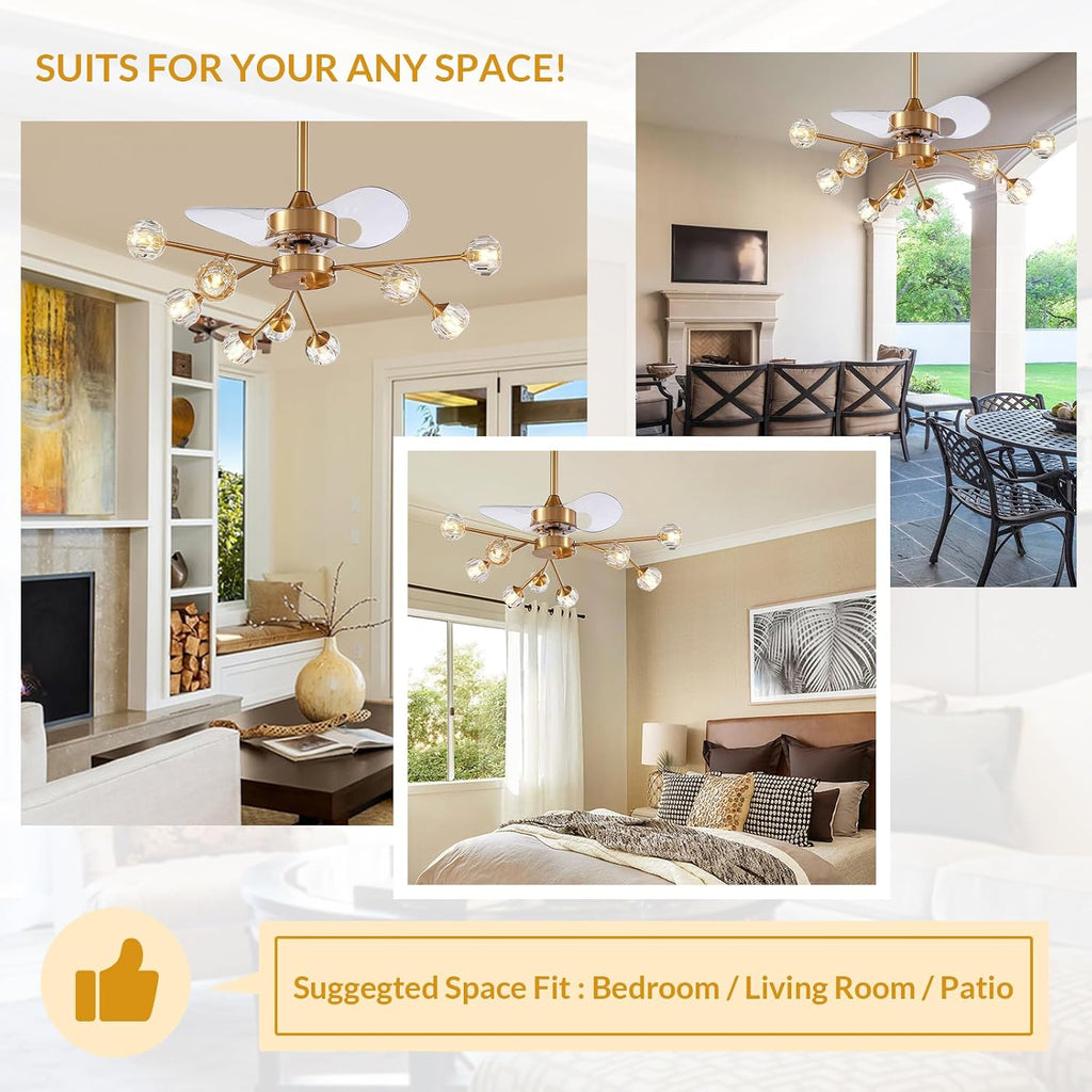 Siljoy 9-Light Farmhouse Sputnik Crystal Ceiling Fan with Light and Remote, Brass Gold Fandelier with Quiet Reversible Motor, 6 Speeds, 3-Color Change for Living Room Bedroom Patio 35.4 Inch