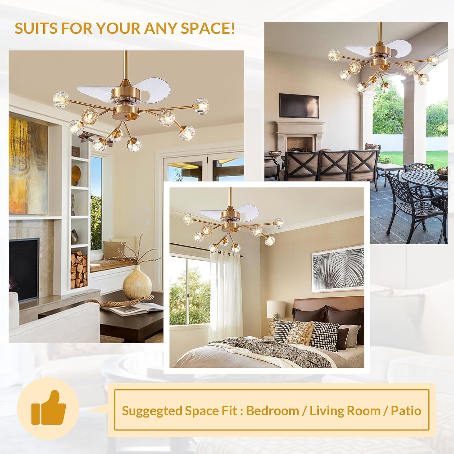 Siljoy 9-Light Farmhouse Sputnik Crystal Ceiling Fan with Light and Remote, Brass Gold Fandelier with Quiet Reversible Motor, 6 Speeds, 3-Color Change for Living Room Bedroom Patio 35.4 Inch