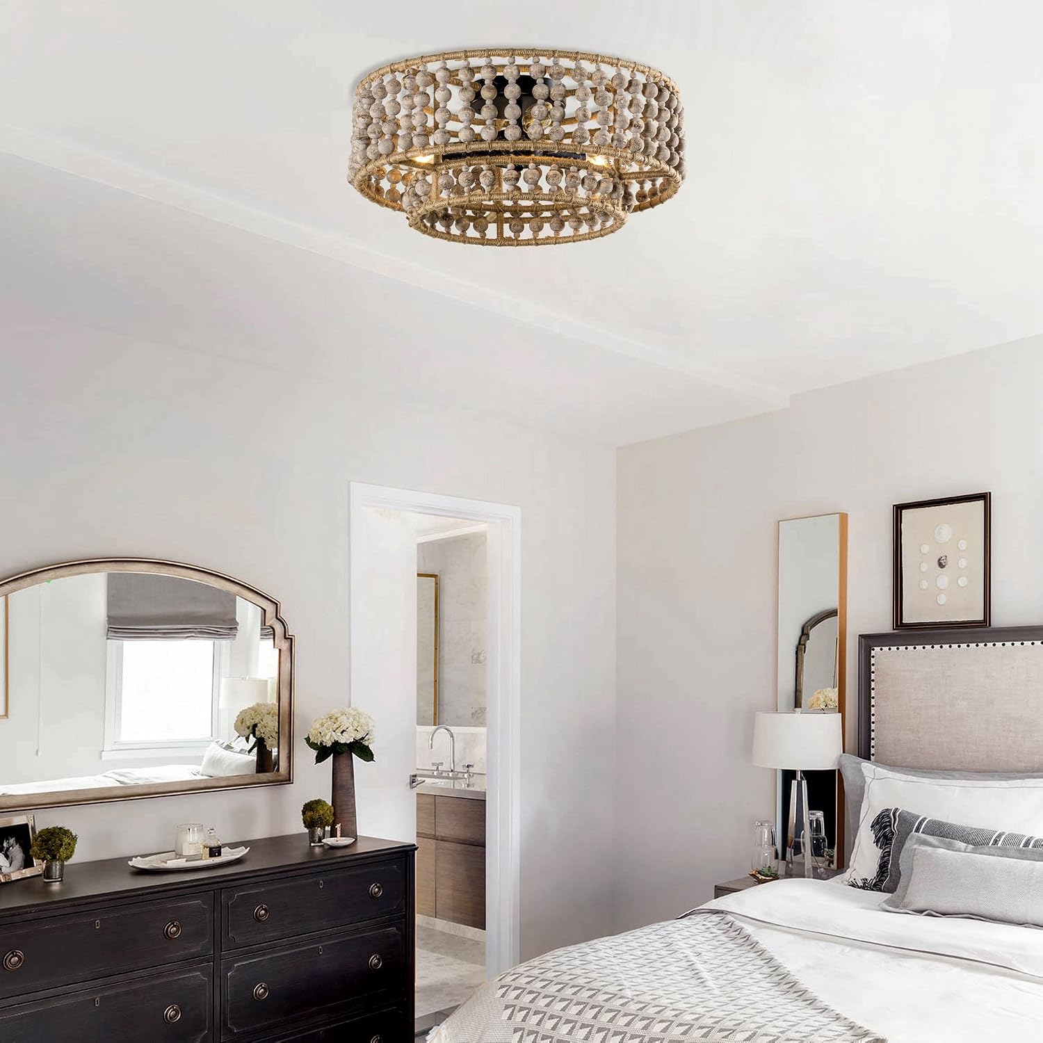 Wood Beaded Chandelier - 3 Lights Boho Flush Mount Light Fixture Farmhouse Chandeliers for Bedroom Hallway Kitchen Island Foyer Entryway Nursery Living Room