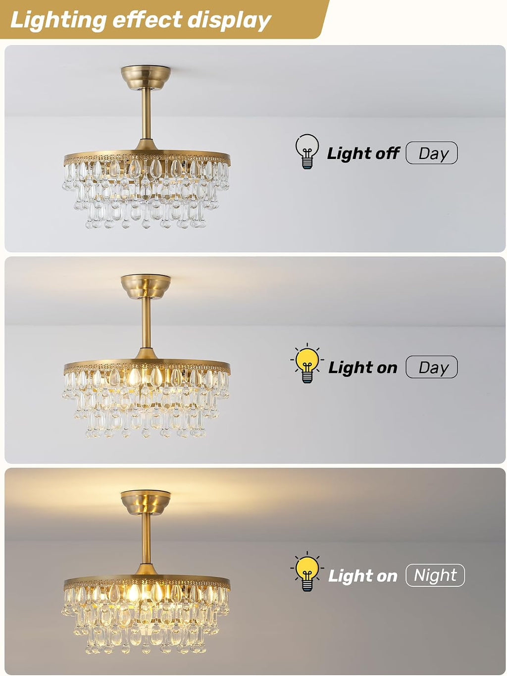 Gold Crystal Fandelier Ceiling Fan with Light, 20' Crystal Chandelier Ceiling Fans with Lights and Remote with 6 Speeds for Bedroom, Living Room, Nursery