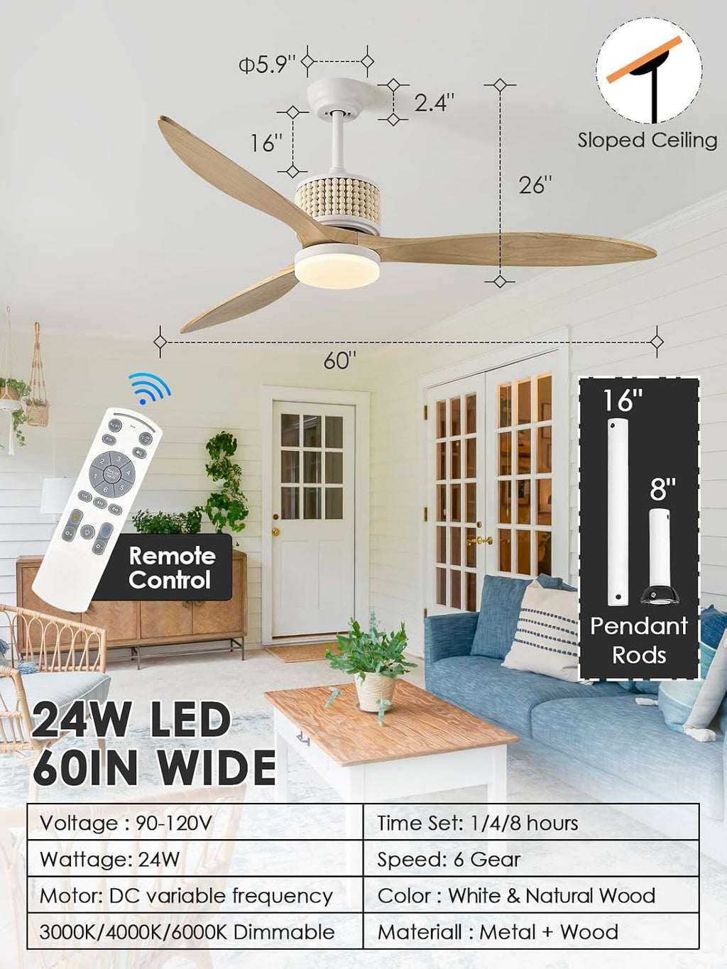 60in Boho White Ceiling Fan Lights with Remote Control 3 Blade Wood Bead Ceiling Fans with Light Coastal Natural Wood Ceiling Fan Outdoor Bohemian Fan Light for Patio Living Room Kitchen