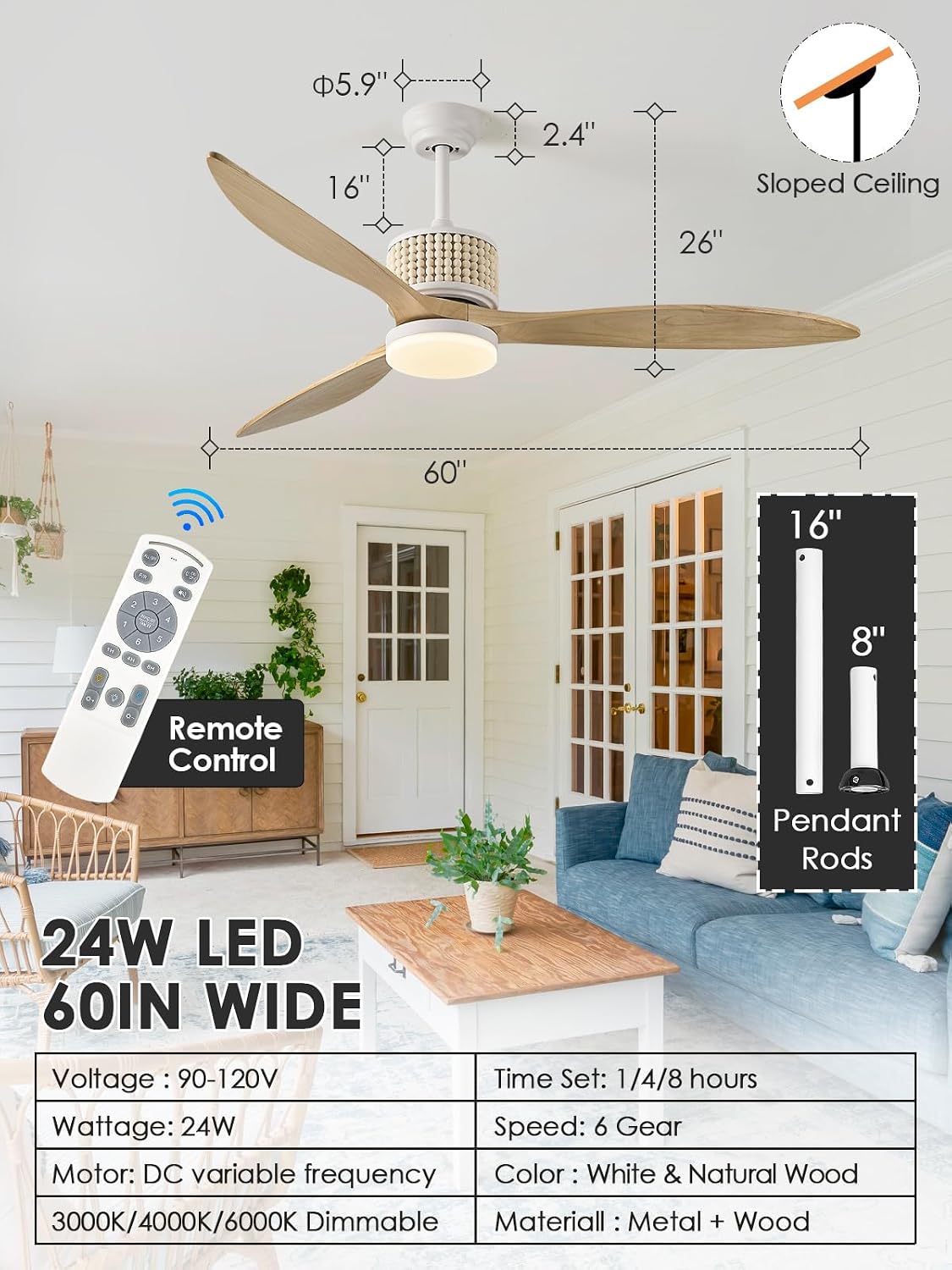 60in Boho White Ceiling Fan Lights with Remote Control 3 Blade Wood Bead Ceiling Fans with Light Coastal Natural Wood Ceiling Fan Outdoor Bohemian Fan Light for Patio Living Room Kitchen