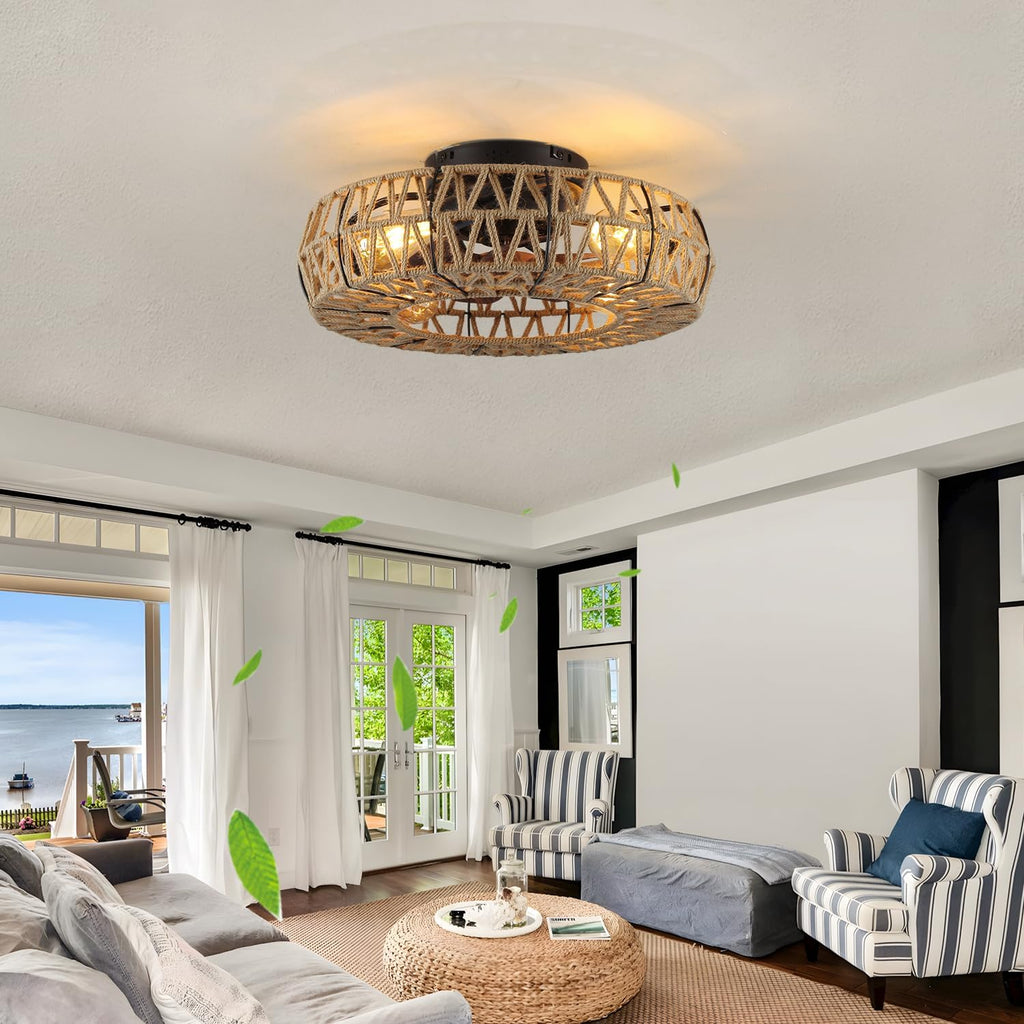 20 Inch Boho Caged Bladeless Ceiling Fan with Light,Flush Mount Rattan Fandelier Ceiling Fans Lights and Remote Contro,Enclosed 6 Speeds Low Profile Farmhouse Fan Light for Bedroom,Kitchen,Living Room