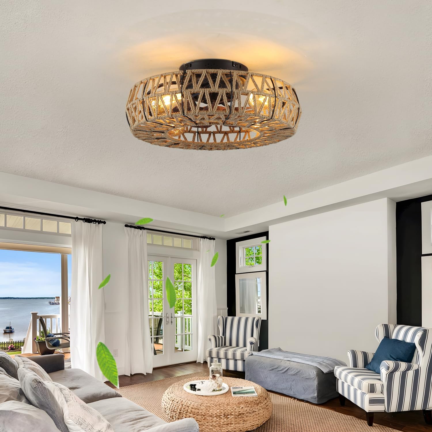20 Inch Boho Caged Bladeless Ceiling Fan with Light,Flush Mount Rattan Fandelier Ceiling Fans Lights and Remote Contro,Enclosed 6 Speeds Low Profile Farmhouse Fan Light for Bedroom,Kitchen,Living Room