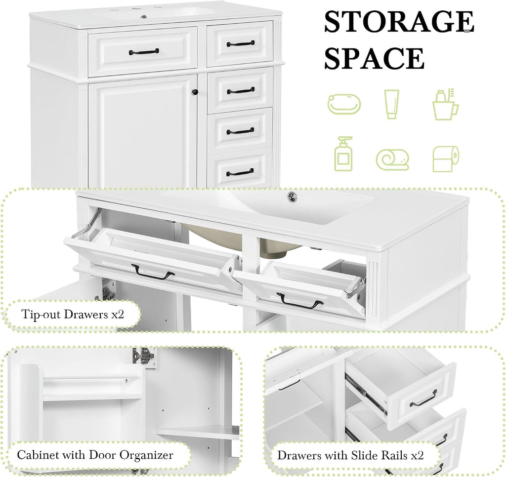 36' Bathroom Vanities with Sink Top, Bathroom Cabinet with Soft-Closing Door with Rack, 4 Drawers(with Tip-Out Drawers), Adjustable Shelf, Solid Wood Frame, White