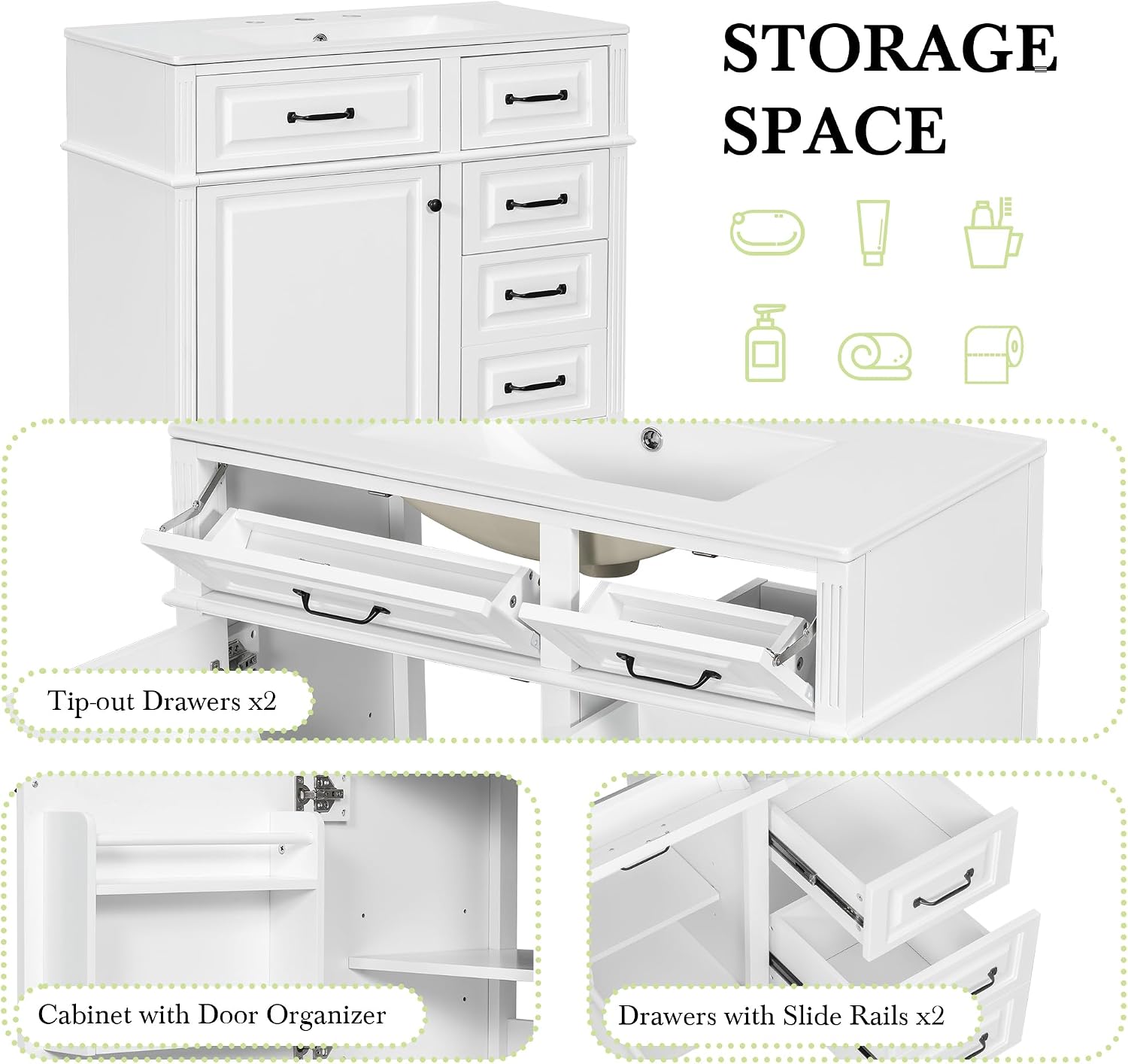 36' Bathroom Vanities with Sink Top, Bathroom Cabinet with Soft-Closing Door with Rack, 4 Drawers(with Tip-Out Drawers), Adjustable Shelf, Solid Wood Frame, White
