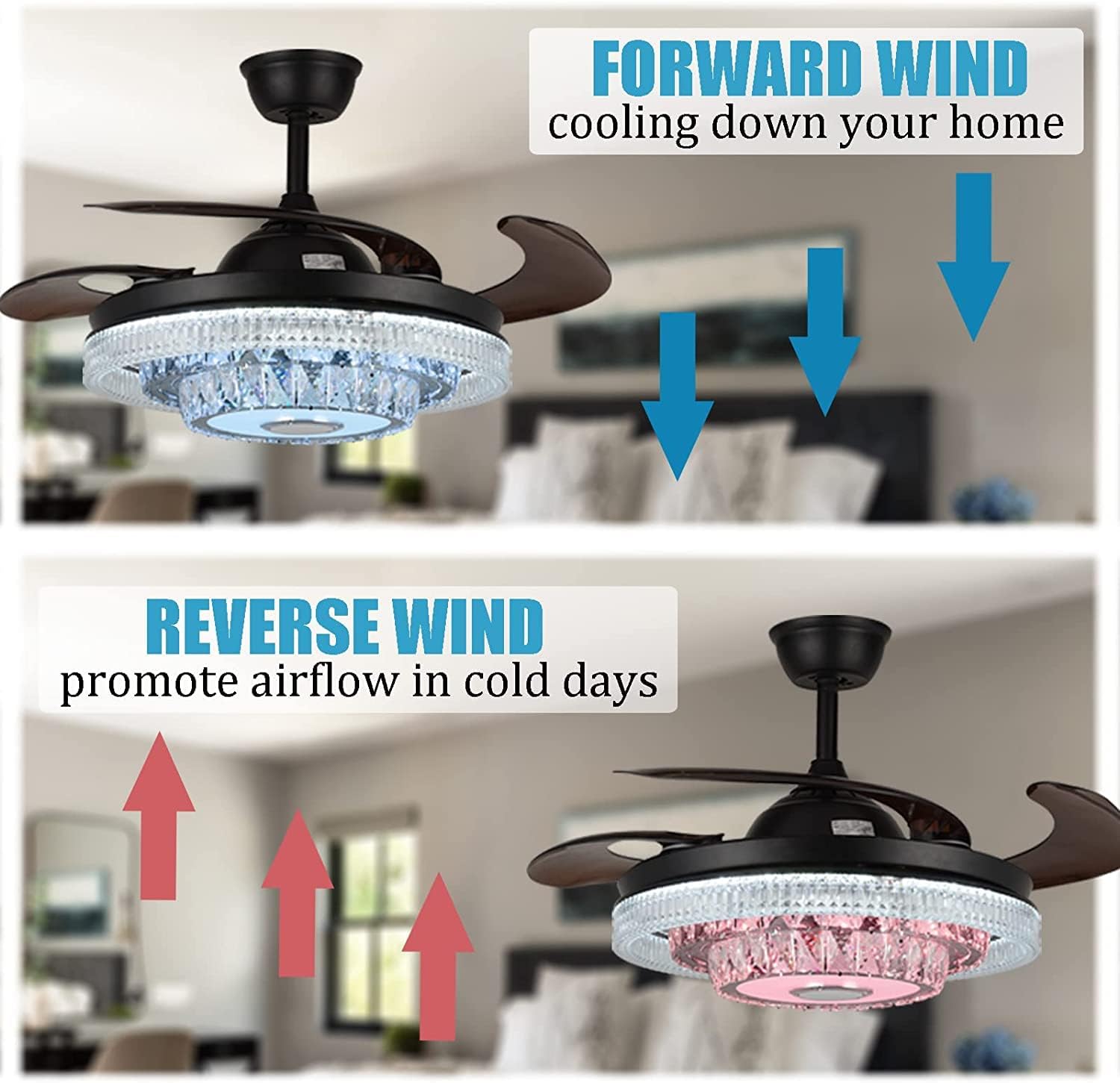 42' Modern Chandelier Ceiling Fan with Lights Reversible Blades, Fandelier with Bluetooth Speaker 7 Dimmable Colors 6 Speeds, Crystal Retractable Ceiling Fan with Remote Control Silent Motor