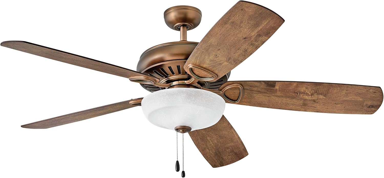 Hinkley Gladiator Illuminated 60' Ceiling Fan with DC Motor, Antique Copper | Reversible Walnut/Birch Blades, (3) 4W LED Bulbs, 4-Speed Pull Chain with Manual Reverse, Includes 4.5' Downrod, Large Rooms