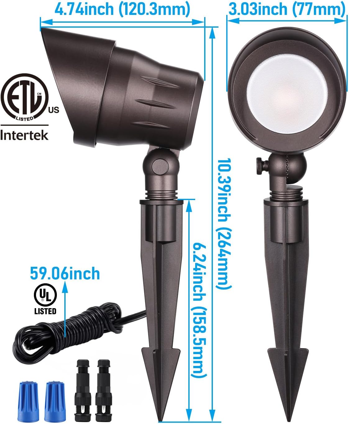 LEONLITE LED Outdoor Landscape Spotlight Bundle 100ft 16/2 Cable, 12-Pack 5W 12V Low Voltage Adjustable Pathway Lights, 3000K Warm White & 1-Pack 100ft 16/2 Low Voltage Landscape Lighting Cable, Black