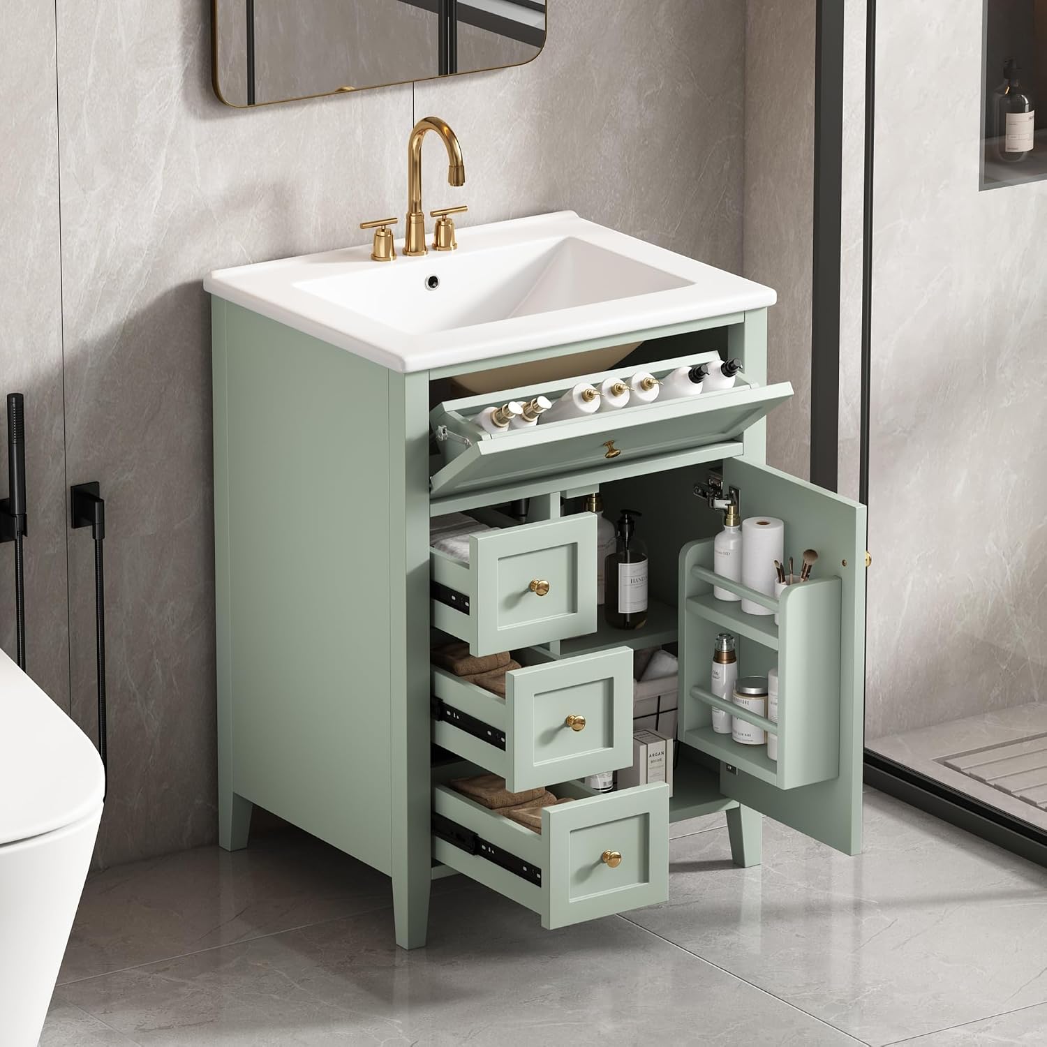 24' Bathroom Vanities Sink Set, Storage Cabinet with Multi-Functional Tip-Out Drawer and Adjustable Shelf, Soft-Closing Door, Solid Wood Legs, Green