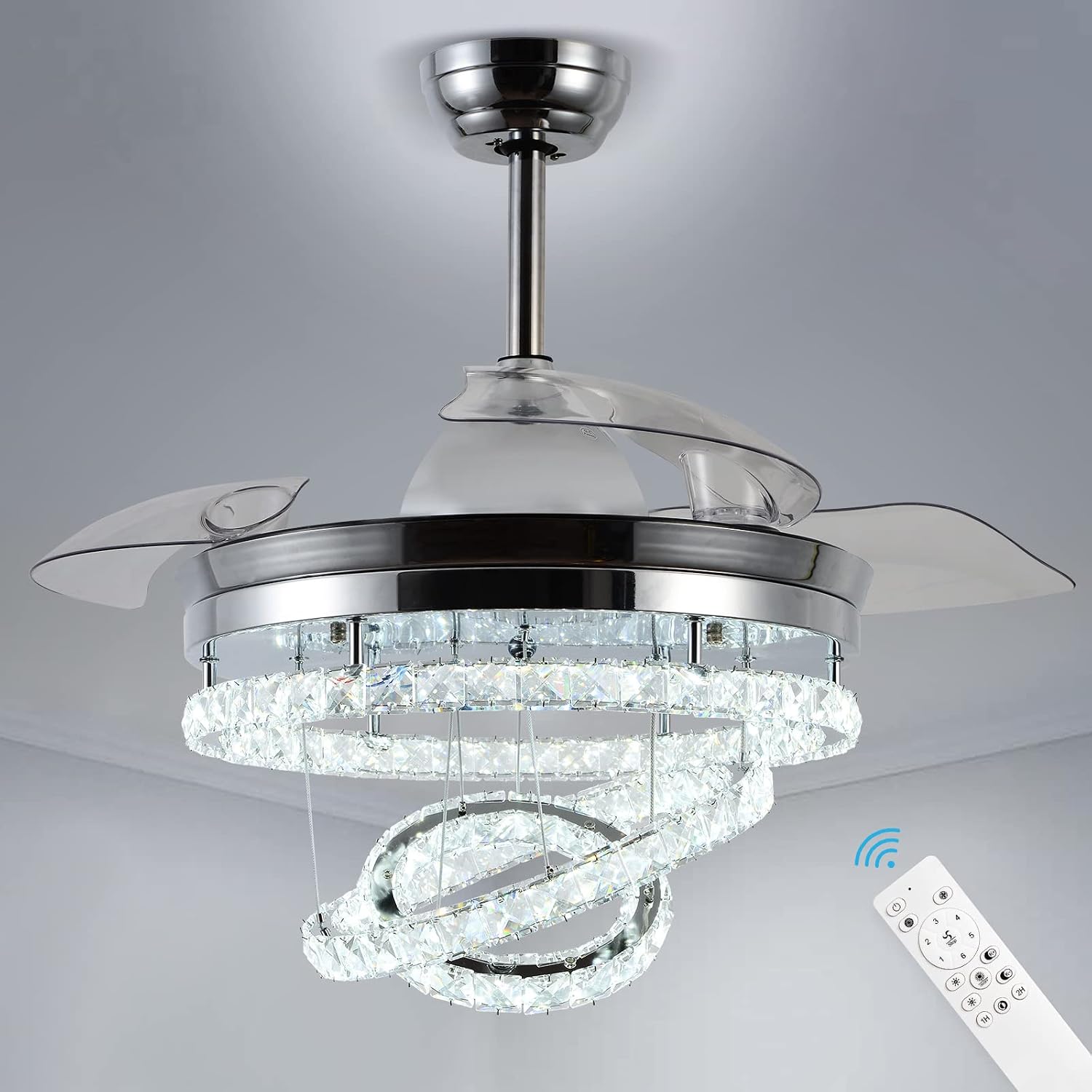 42' Dimmable Fandeliers Modern Crystal Invisible Chandelier Ceiling Fan With 3 LED Color Change Lights with Memory Function