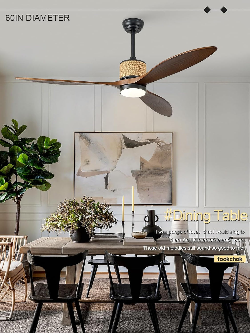 60in Dimmable Black Ceiling Fan Lights with Remote Control 3 Blade Hemp Rope Farmhouse Ceilings Fan with Light Walnut Wood LED Ceiling Fan Outdoor for Patio Kitchen Bedroom Living Room