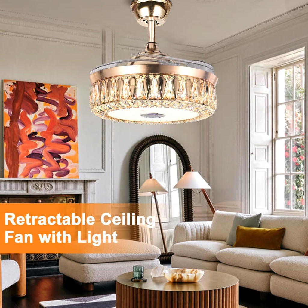 42' Bluetooth Chandelier Ceiling Fans with Lights Modern Retractable Fandelier Ceiling Fan and Remote 7 Color Change Smart Invisible Fan Light with Music Player for Bedrooms Living Room, Gold