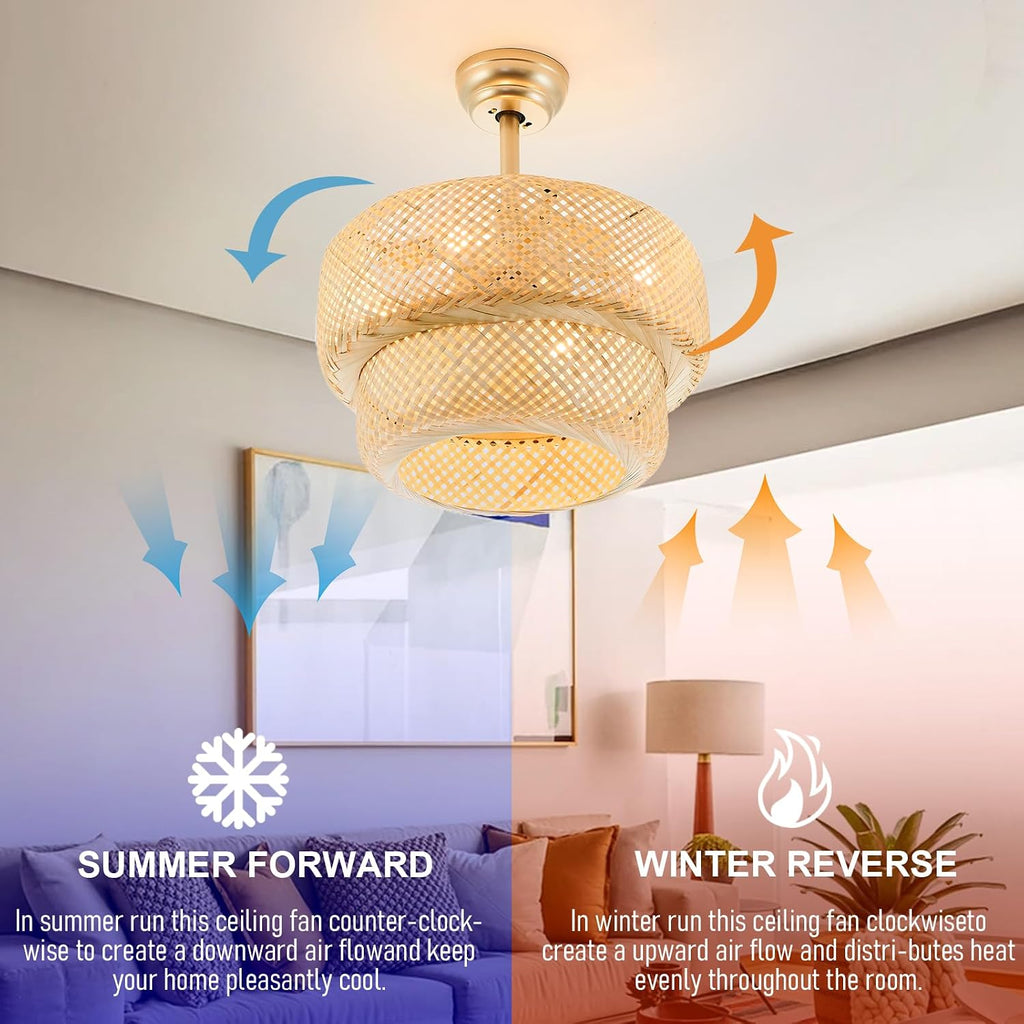 19.3' Bamboo Caged Ceiling Fan with Lights and Remote,4-Light Boho Rattan Ceiling Fan with Light Reversible Motor, Farmhouse Rattan Chandelier Fan for Bedroom, Living Room