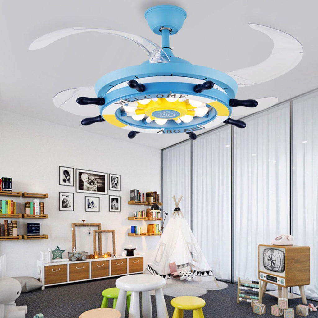 42' Chandelier Ceiling Fans with Lights Kids Nautical Rudder Invisible Ceiling Fan Light with Remote Control Retractable Blades Reversible Ceiling Fan with Light for Boys Girls Bedroom Nurser