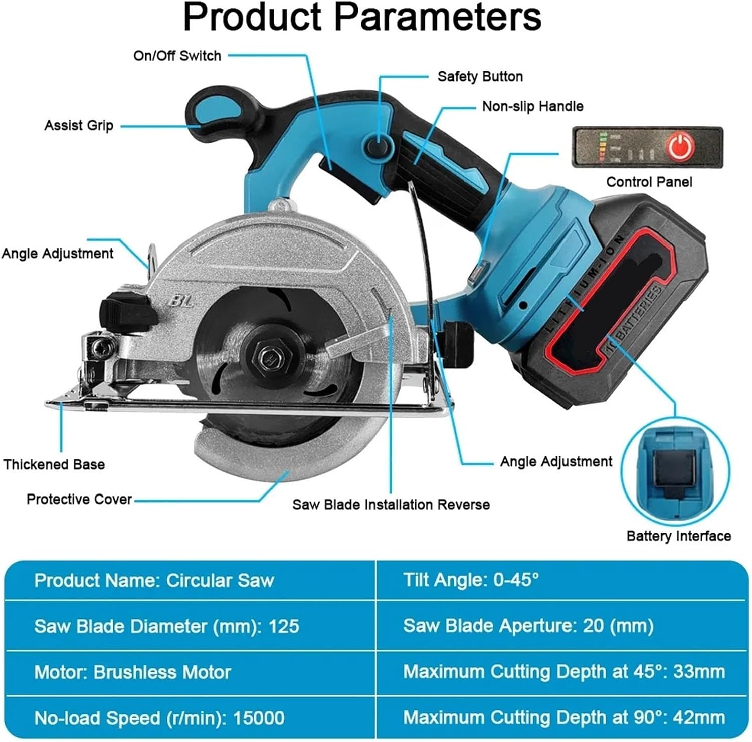Reciprocating Saw, Handheld Electric Circular Saw 125MM Cordless 5inch Brushless Multi-Angle Woodworking Tool(With 1-Battery)