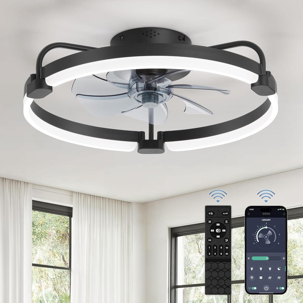 2 Pack 20'' Low Profile Ceiling Fan with Light, 3000-6000K Dimmable Fandelier LED Fan Light, 6 Wind Speeds, Modern Flush Mount Ceiling Fan for Bedroom