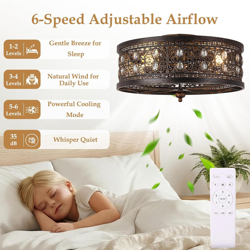 20' Vintage Fandelier Ceiling Fan with Light, Low Profile Caged Ceiling Fan in Distressed Black and Bronze, Farmhouse Chandelier Fan with Oval Crystals for Bedroom, Kitchen, Living Room,Small Room
