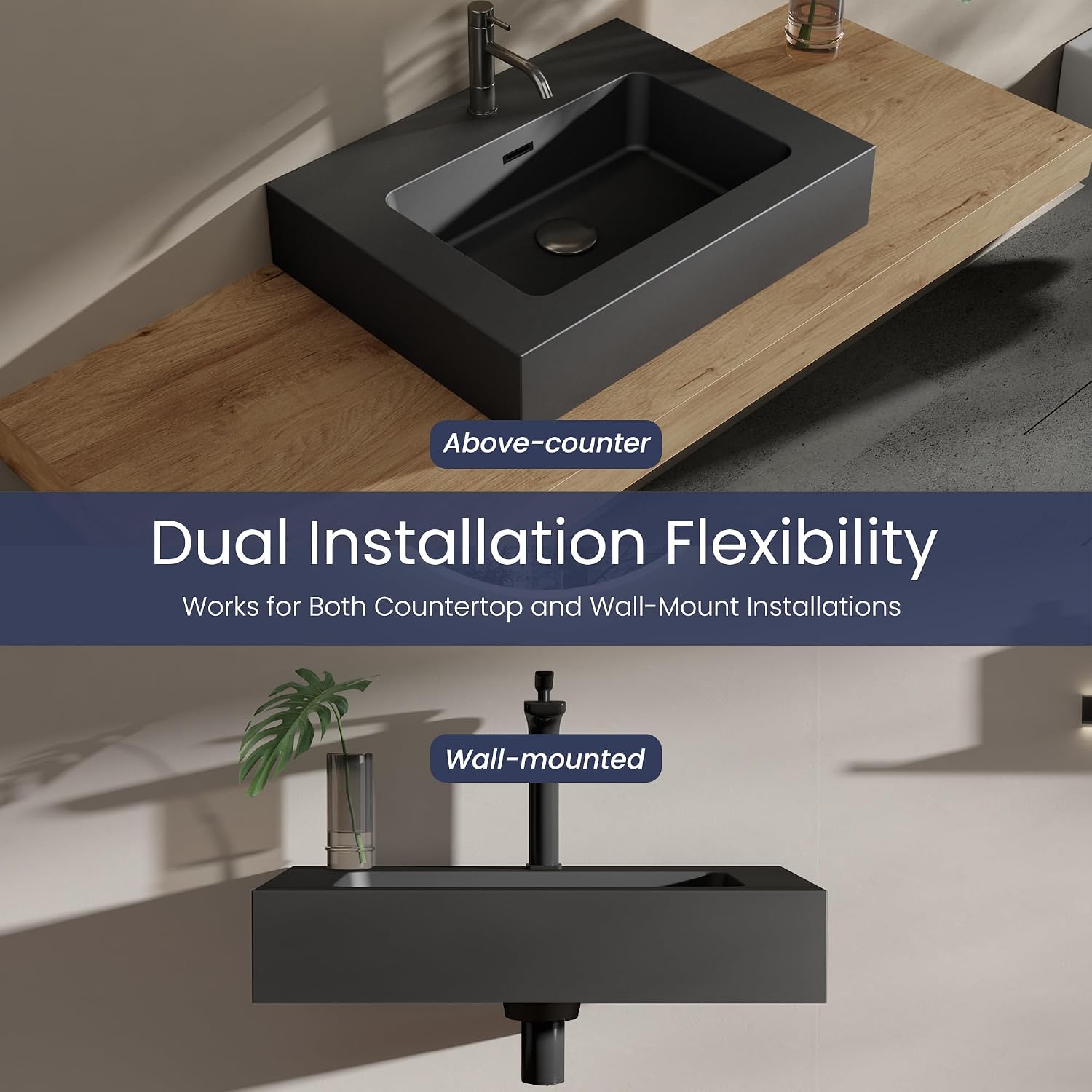 24 Inch Matte Black Vanity Sink – Solid Surface Bathroom Vanity Top with Integrated Sink, Easy-to-Clean Non-Porous Finish for Powder Room or Guest Bath