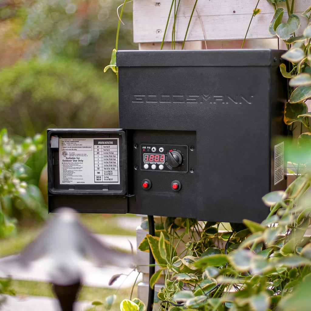 GOODSMANN Low Voltage Transformer Low Voltage Landscape Lighting Spotlight Outdoor Transformer with Photo Eye and Timer 120V Input 12V Output (600 Watts)