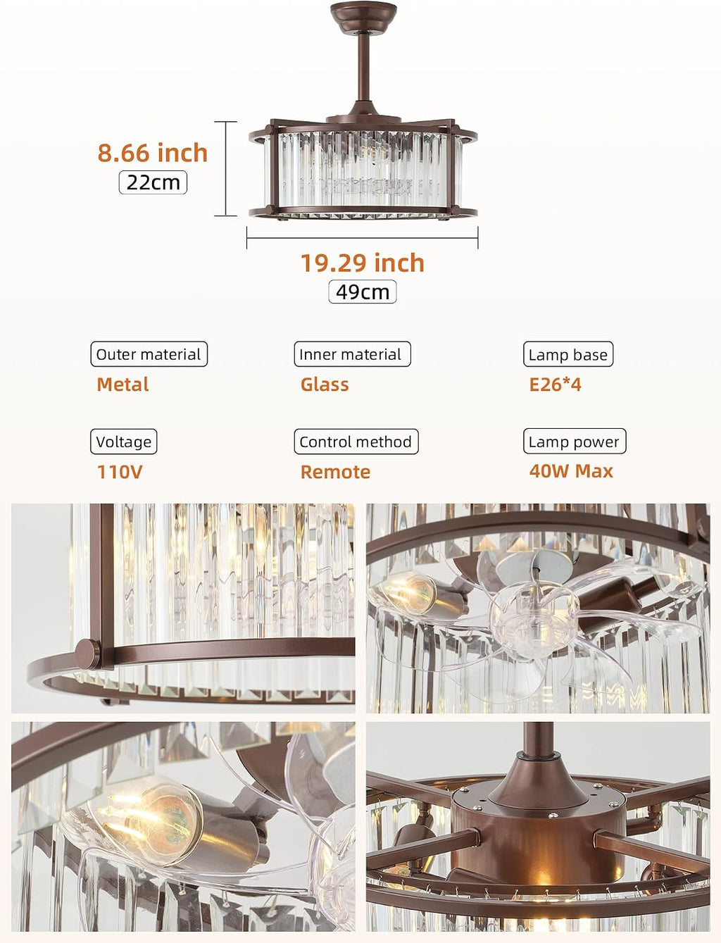 20' Farmhouse Rustic Crystal Fandelier Ceiling Fans with Lights, Brown Crystal Industrial Chandelier Ceiling Fan with Light and Remote, Caged with 6 Speeds for Bedroom, Nursery, Living Room