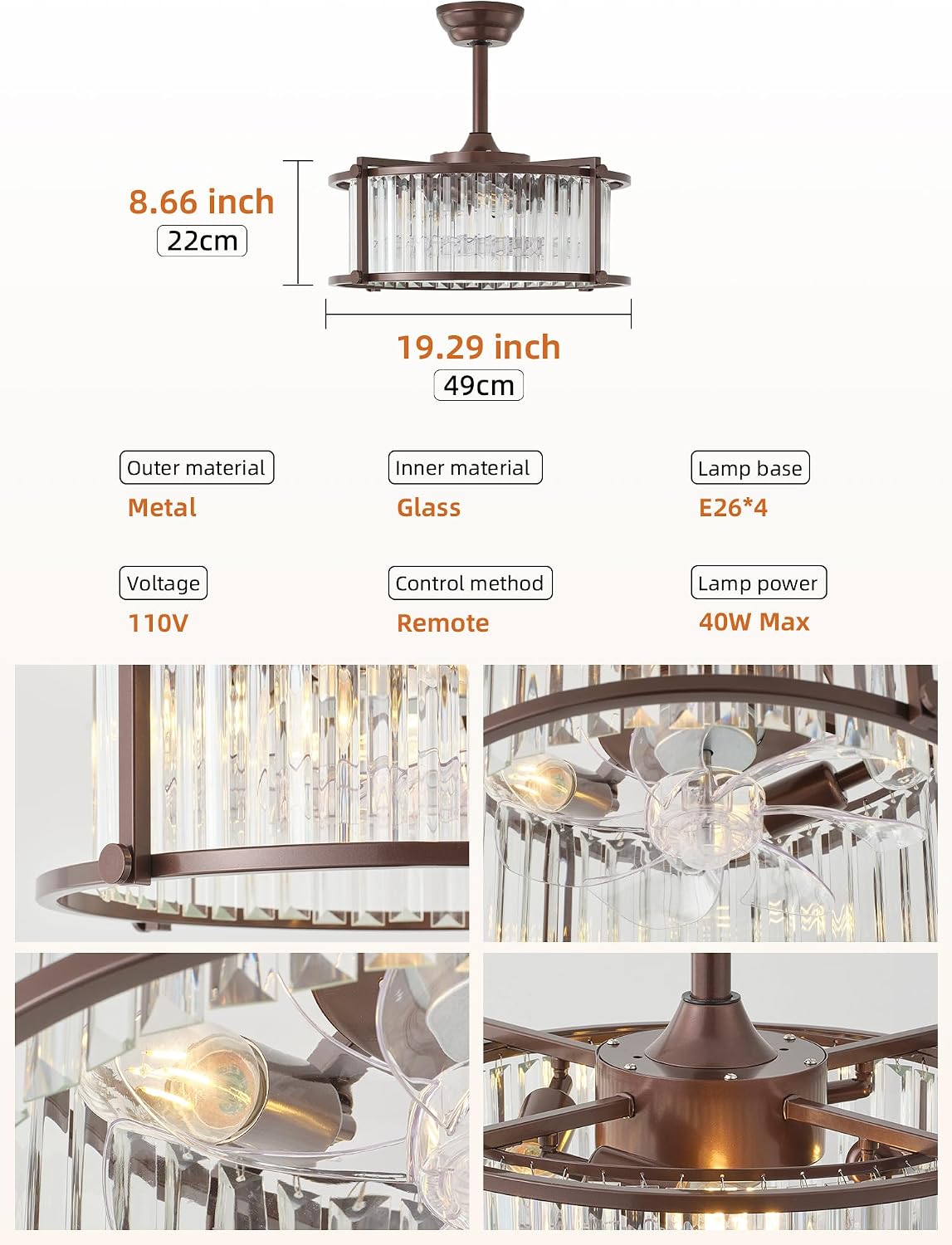 20' Farmhouse Rustic Crystal Fandelier Ceiling Fans with Lights, Brown Crystal Industrial Chandelier Ceiling Fan with Light and Remote, Caged with 6 Speeds for Bedroom, Nursery, Living Room