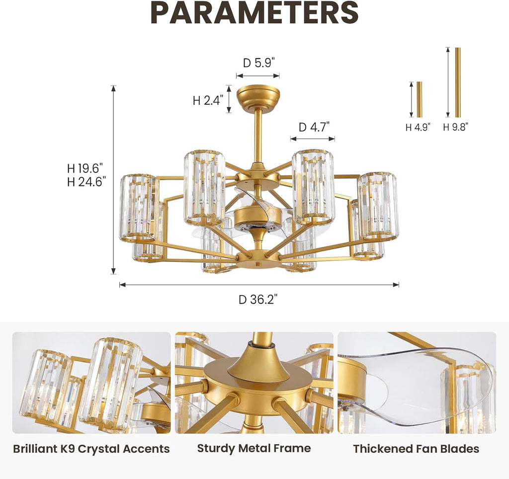 36' Large Crystal Fandelier Dimmable 6-Light Vintage Flush Mounted Chandelier Ceiling Fan Gold Ceiling Fans with Lights and Remote for Dining Living Room Kitchen