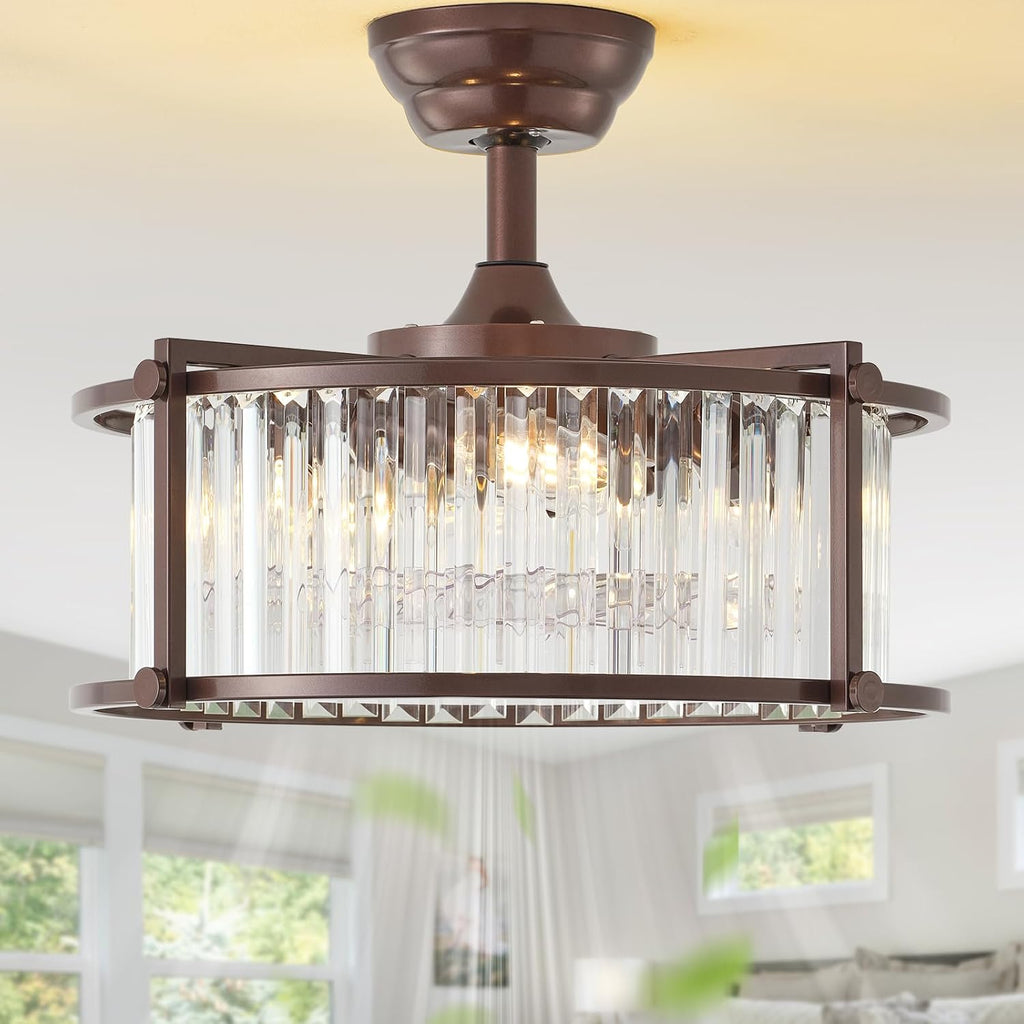 20' Farmhouse Rustic Crystal Fandelier Ceiling Fans with Lights, Brown Crystal Industrial Chandelier Ceiling Fan with Light and Remote, Caged with 6 Speeds for Bedroom, Nursery, Living Room