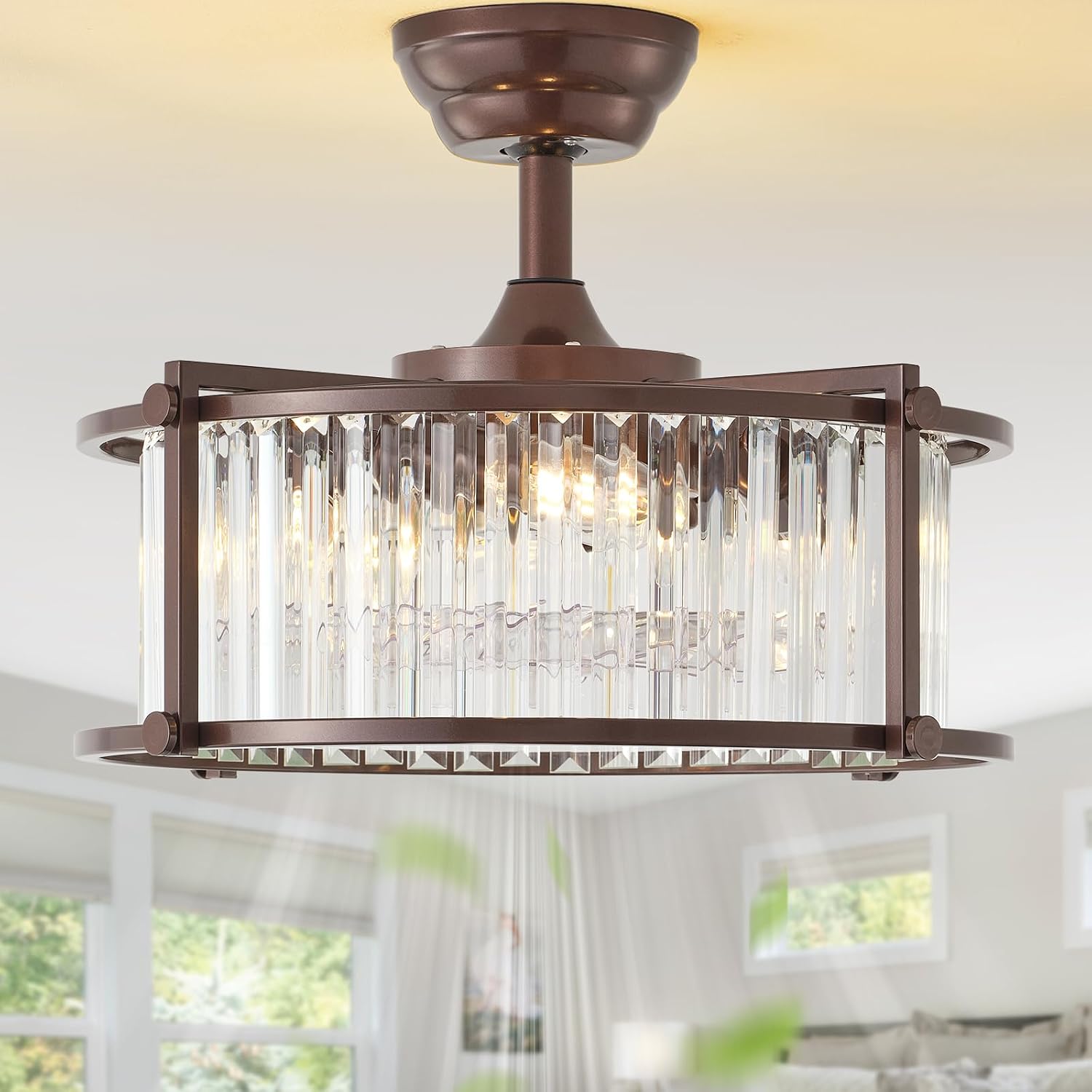 20' Farmhouse Rustic Crystal Fandelier Ceiling Fans with Lights, Brown Crystal Industrial Chandelier Ceiling Fan with Light and Remote, Caged with 6 Speeds for Bedroom, Nursery, Living Room