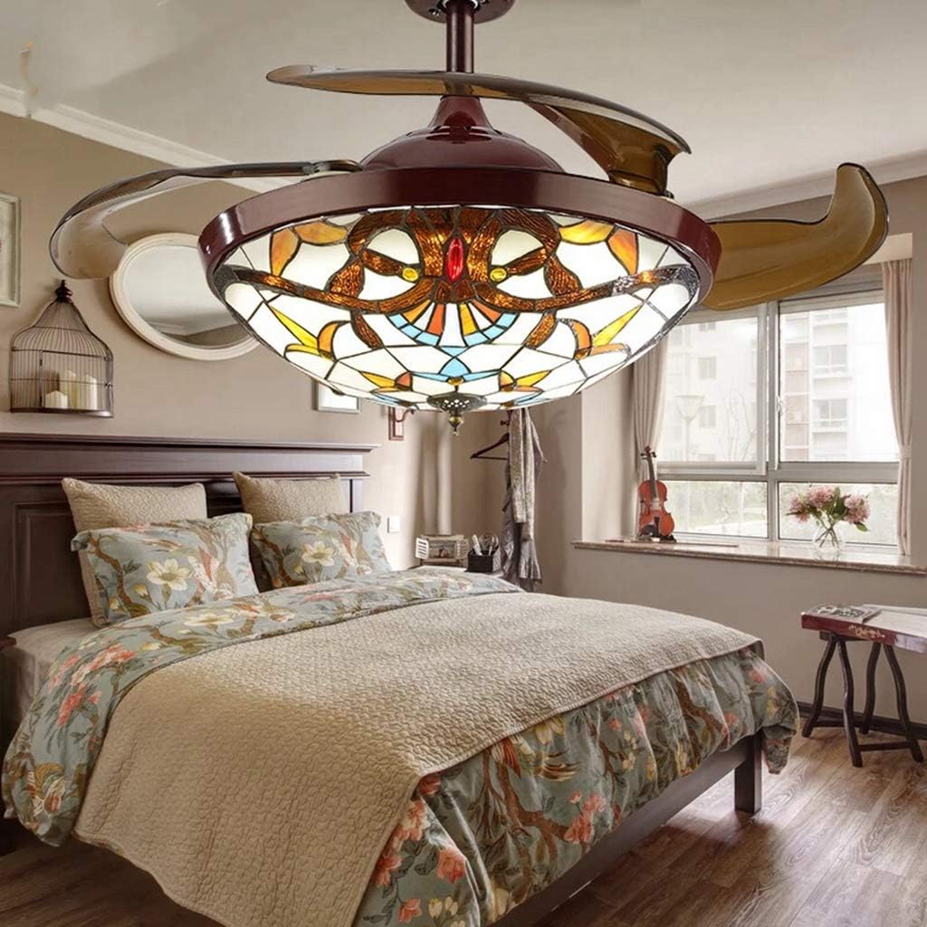 Fandian 42' Vintage Style Ceiling Fan with Light, Remote Control Classic LED Chandelier Retractable Blades 3 Light Changes Fandelier Lighting Fixture with Craft-Made Colorful Glass Lamp