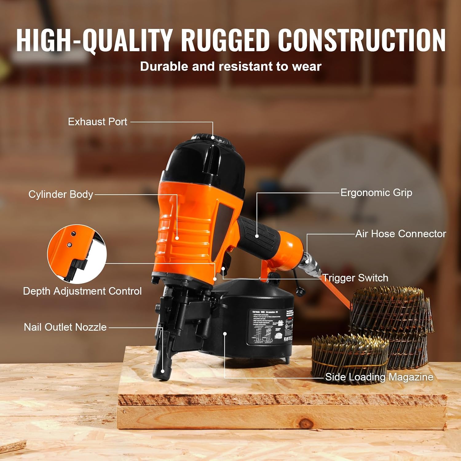 Happybuy Coil Siding Nailer CN65, 1-1/4' to 2-1/2' 15 Degree Pneumatic Siding Nail Gun with Tool-Less Depth Adjustment, 70-120PSI Air Coil Nailer for Siding, Pallet Sheathing, Wooding, Fencing