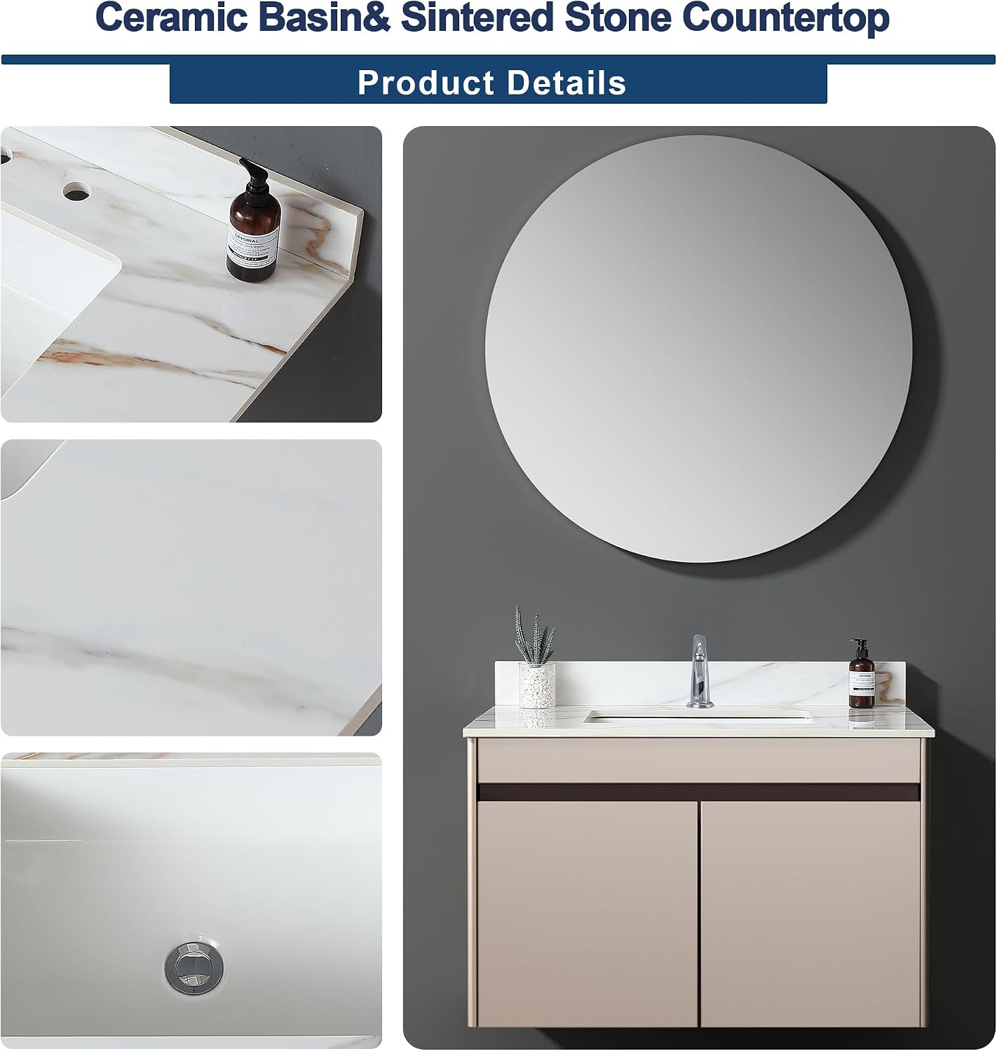 Montary 37'x 22' Vanity Top with Sink for Bathroom, Rectangular Undermount Ceramic Sink & Backsplash, Single Bowl Vanity Top with Safety Overflow Hole