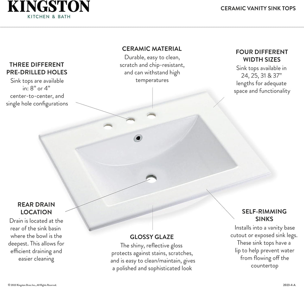 Kingston Brass LBT37227W38 Continental 37-Inch Ceramic Vanity Sink Top (8' Faucet Drillings) in White