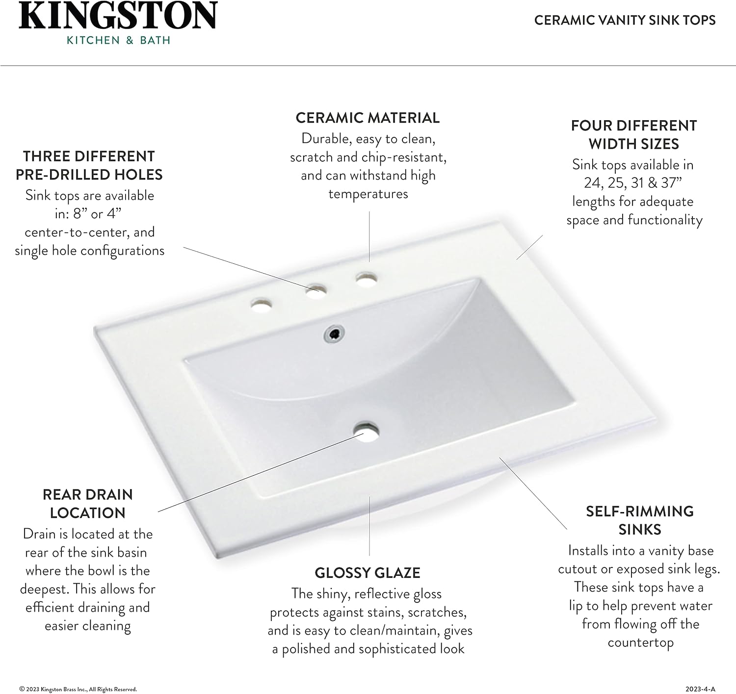 Kingston Brass LBT37227W38 Continental 37-Inch Ceramic Vanity Sink Top (8' Faucet Drillings) in White