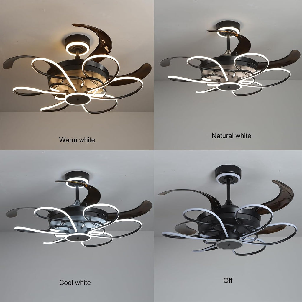 48 Inch Retractable Fandelier Ceiling Fan Chandelier with Lights and Remote for Bedroom Indoor Decoration, 3 Color Changeable, Dimmable with App, Timer Setting, Black