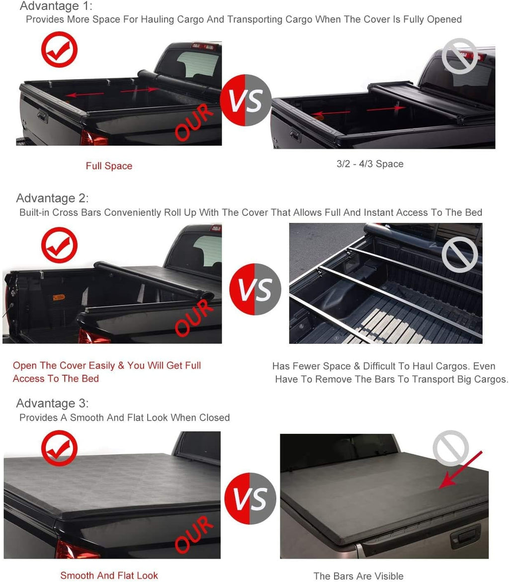 8'2' Soft Roll Up Tonneau Cover Compatible for 2015-2019 Chevy Silverado GMC Sierra 1500 2500 HD 3500 HD Vinyl Long Truck Bed Cover