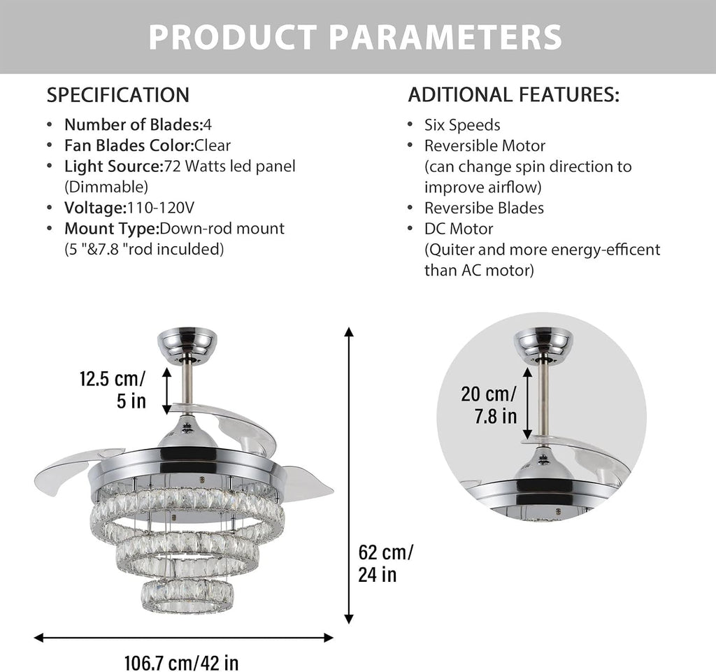 42' Dimmable Fandeliers Modern Crystal Ceiling Fan with Lights LED Invisible Fandelier Crystal Chandelier Fan 3 LED Color Change with Memory Function