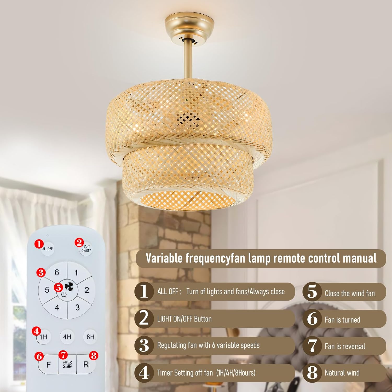 19.3' Bamboo Caged Ceiling Fan with Lights and Remote,4-Light Boho Rattan Ceiling Fan with Light Reversible Motor, Farmhouse Rattan Chandelier Fan for Bedroom, Living Room