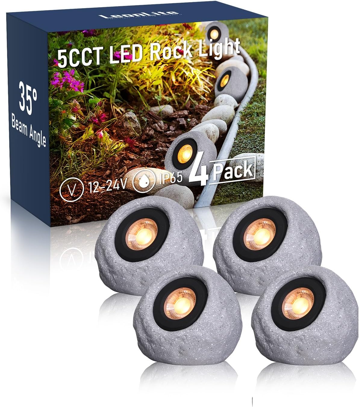 LEONLITE 5CCT LED Rock Lights Outdoor, 5W Low Voltage Landscape Spot Light for Garden, Yard, Decorative Stone Light, 12-24V AC/DC, CRI90, 200lm, IP65 Waterproof, Round, Light Gray, Pack of 4