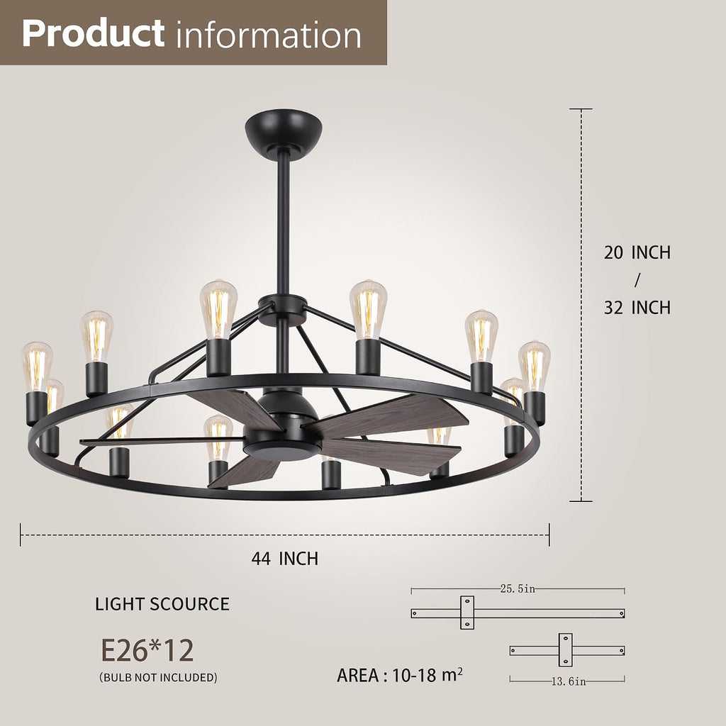 44' Wagon Wheel Chandelier with Fans, Black Farmhouse Ceiling Fan with Light and Remote, Rustic Large Fandelier for Living Room, Adjustable Height, Farmhouse Chandelier Light Fixtures