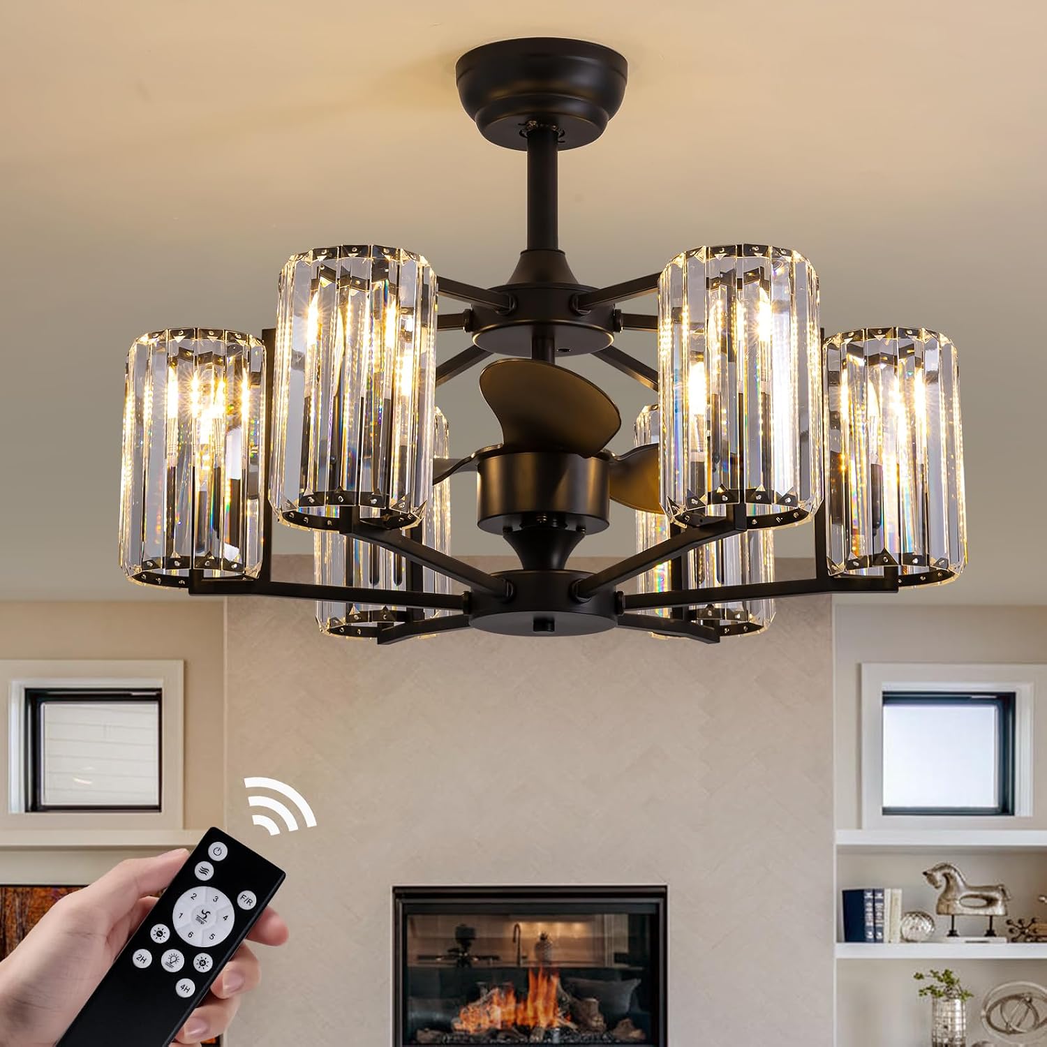 MOOONICHECHE 27' Crystal Ceiling Fan with Light and Remote Control 6-Light Black Vintage Crystal Caged Fandelier Luxury Large Chandelier Ceiling Fan for Dining Living Room Kitchen Bedroom