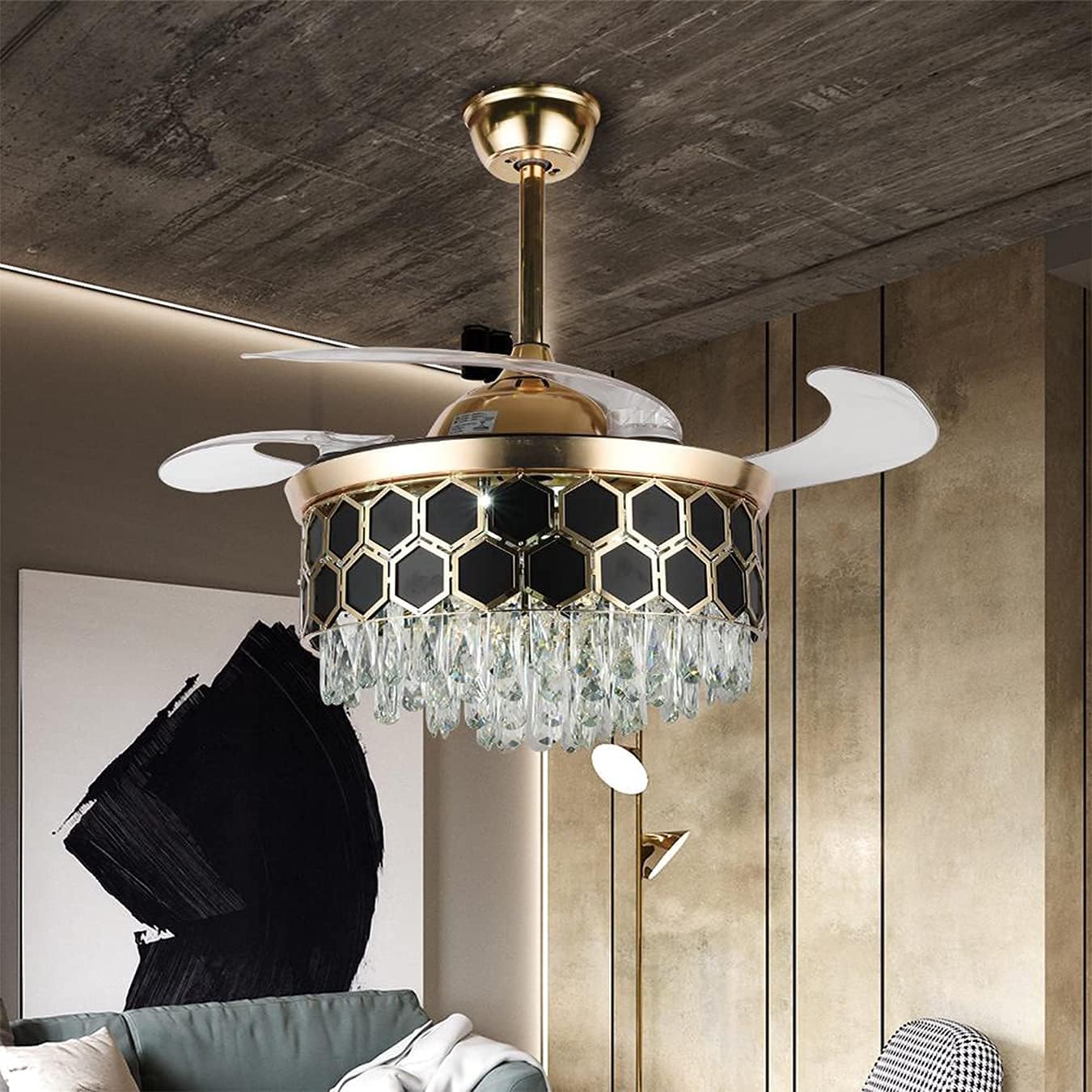 Fandelier Crystal Ceiling Fan Lights with Remote, Modern 42 Hidden Retractable Chandelier with 3 Colors 3 Speed Fan Chandelier Lighting for Bedroom Dining Living Room (Gold+Black)(DS-FH03)