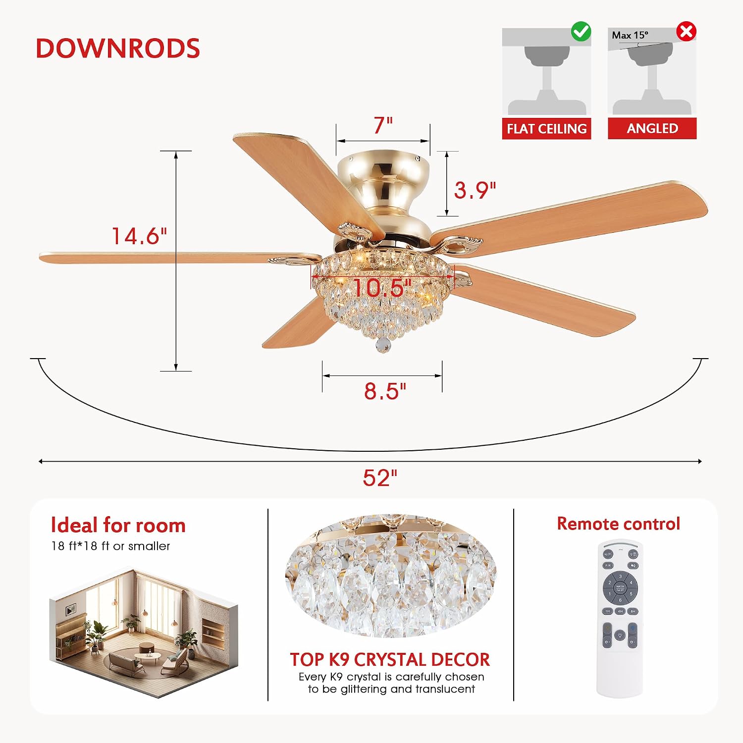GJeg Crystal Ceiling Fan Fandelier with Lights-Ceiling Fans with Remote Control,Modern Ceiling Fan with Noiseless DC Reversible Motor,Dining Room,Living Room(52' Gold)