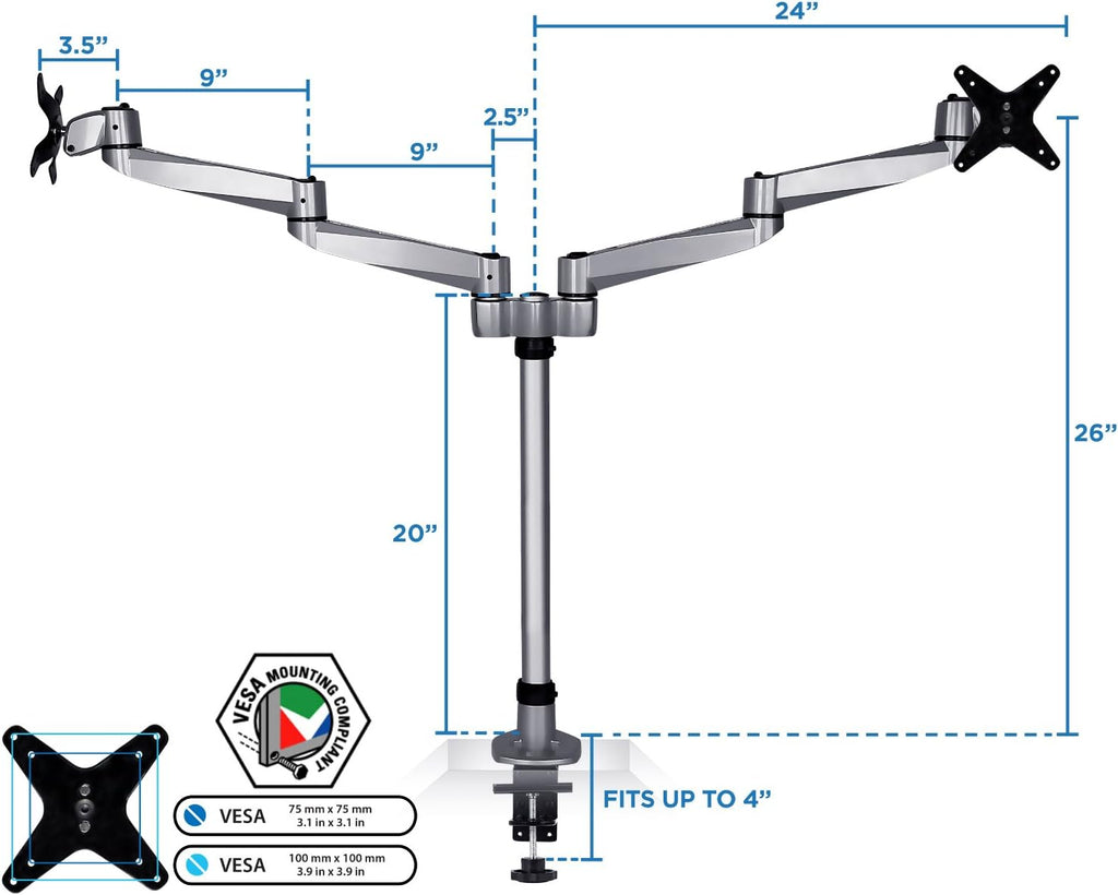 Mount-It! Premium Modular Dual Monitor Desk Mount Arms | Tilt Swivel VESA Wall Mount | Fits 13 15 17 19 21.5 24 27 Inch Computer Screens with 75 100 VESA Patterns | C-Clamp and Grommet Bases | Silver